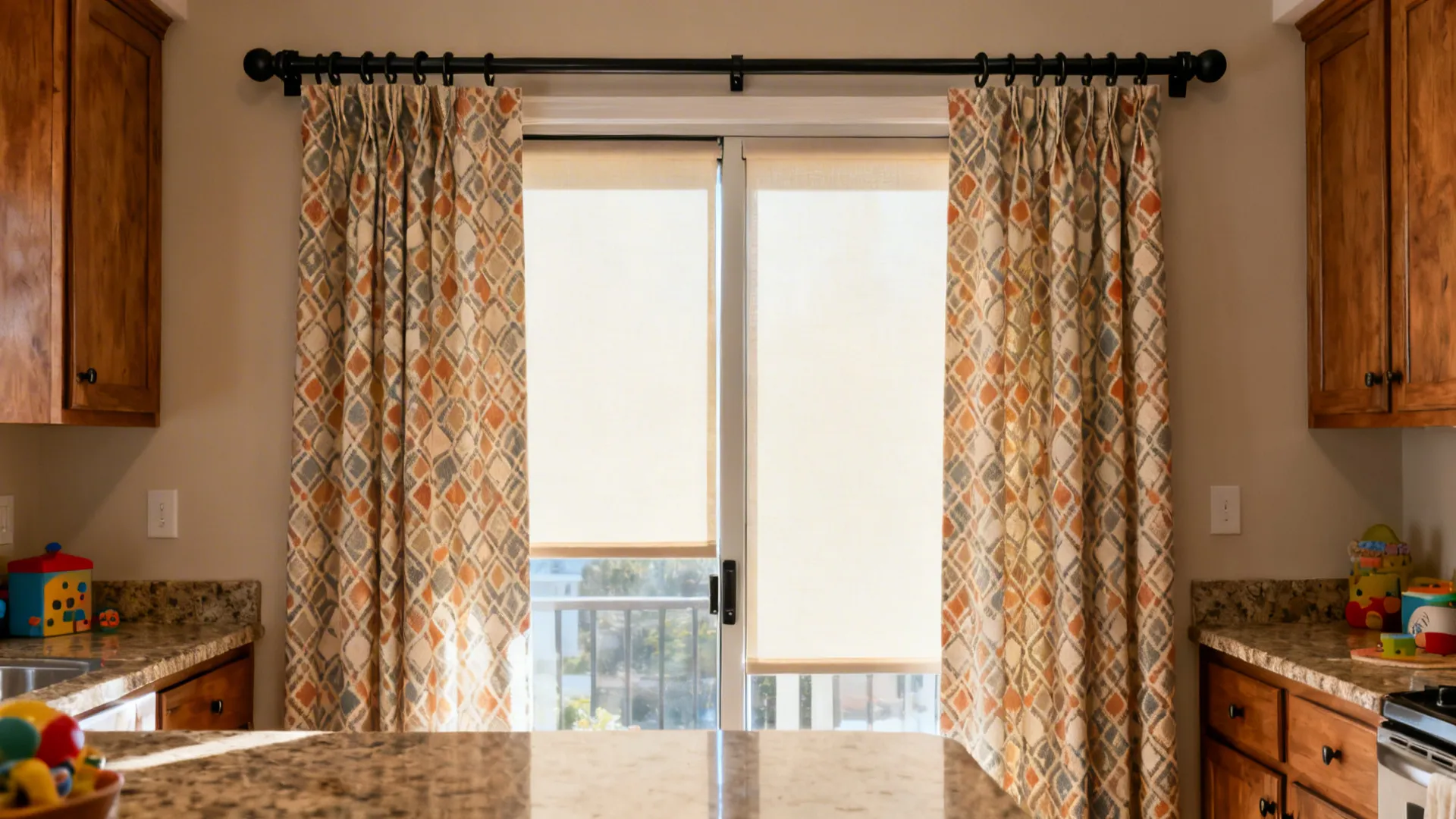 Modern kitchen slider with subtle geometric cotton drapes and blackout lining on a sturdy rod.