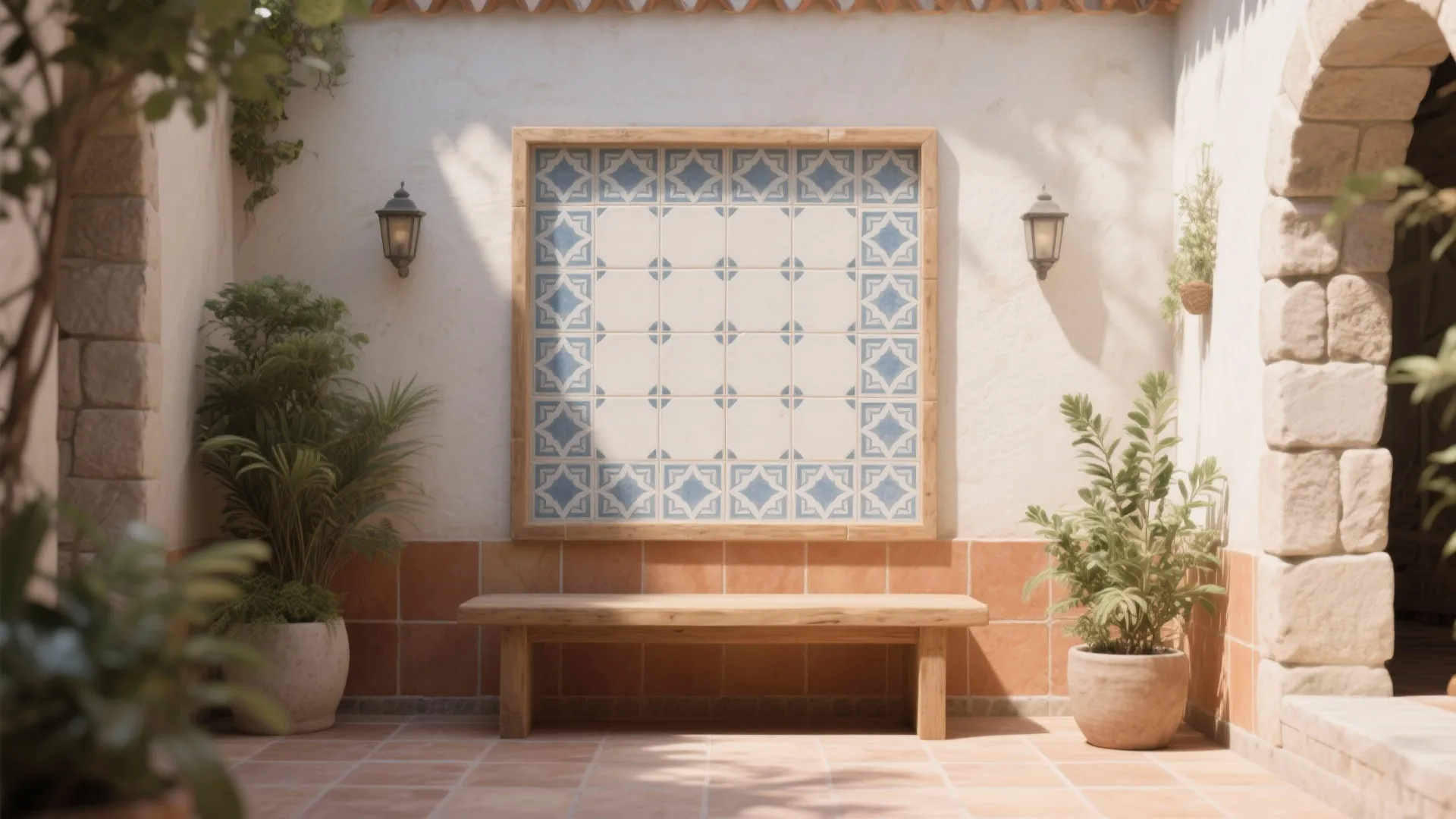 Courtyard wall with framed encaustic-style porcelain panel behind a bench, satin finish.