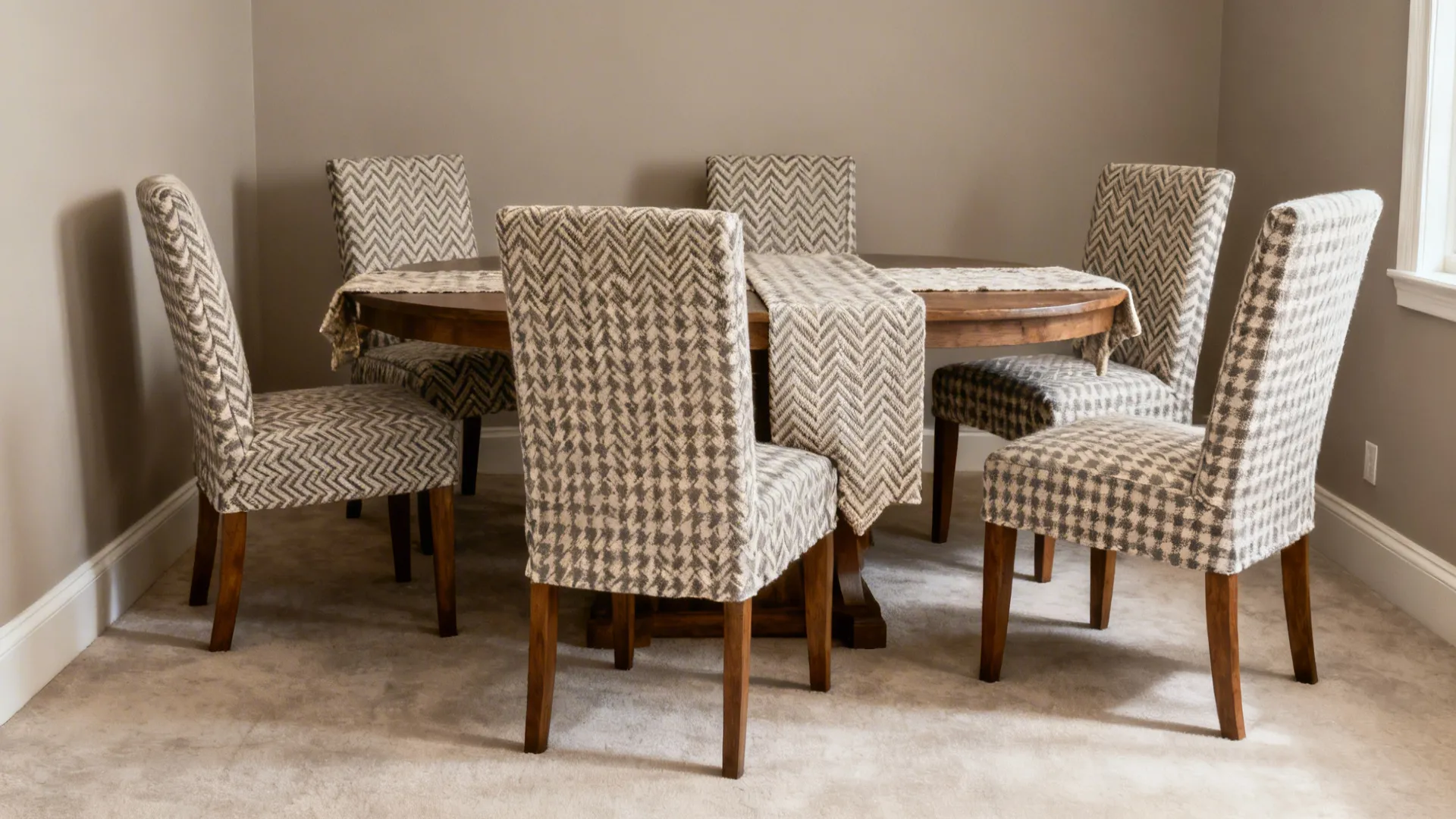 Six dining chairs in subtle herringbone taupe slipcovers that read as texture from afar.