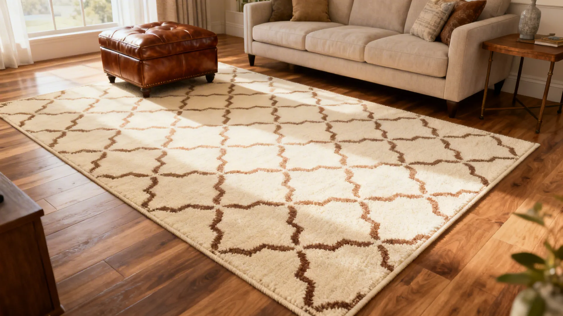 Living room with a cream rug patterned in brown and a matching leather ottoman accent.