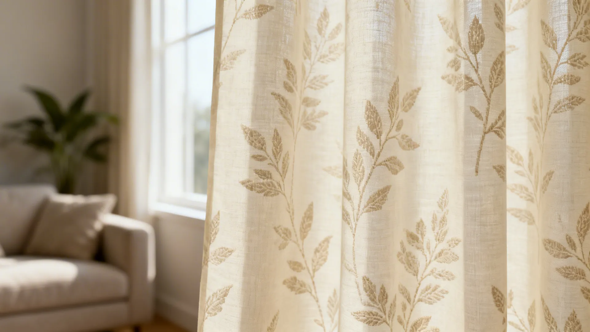 Cream curtain with subtle tone-on-tone botanical motif in soft daylight
