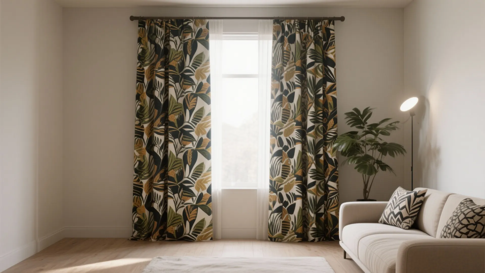 Neutral living room with a large-scale patterned curtain panel as the main focal point.