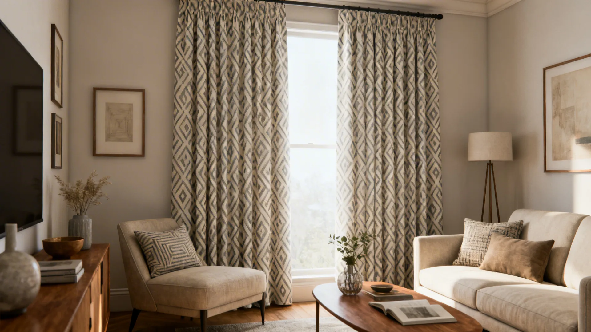 Living room with subtle geometric patterned curtains as an accent focal point.
