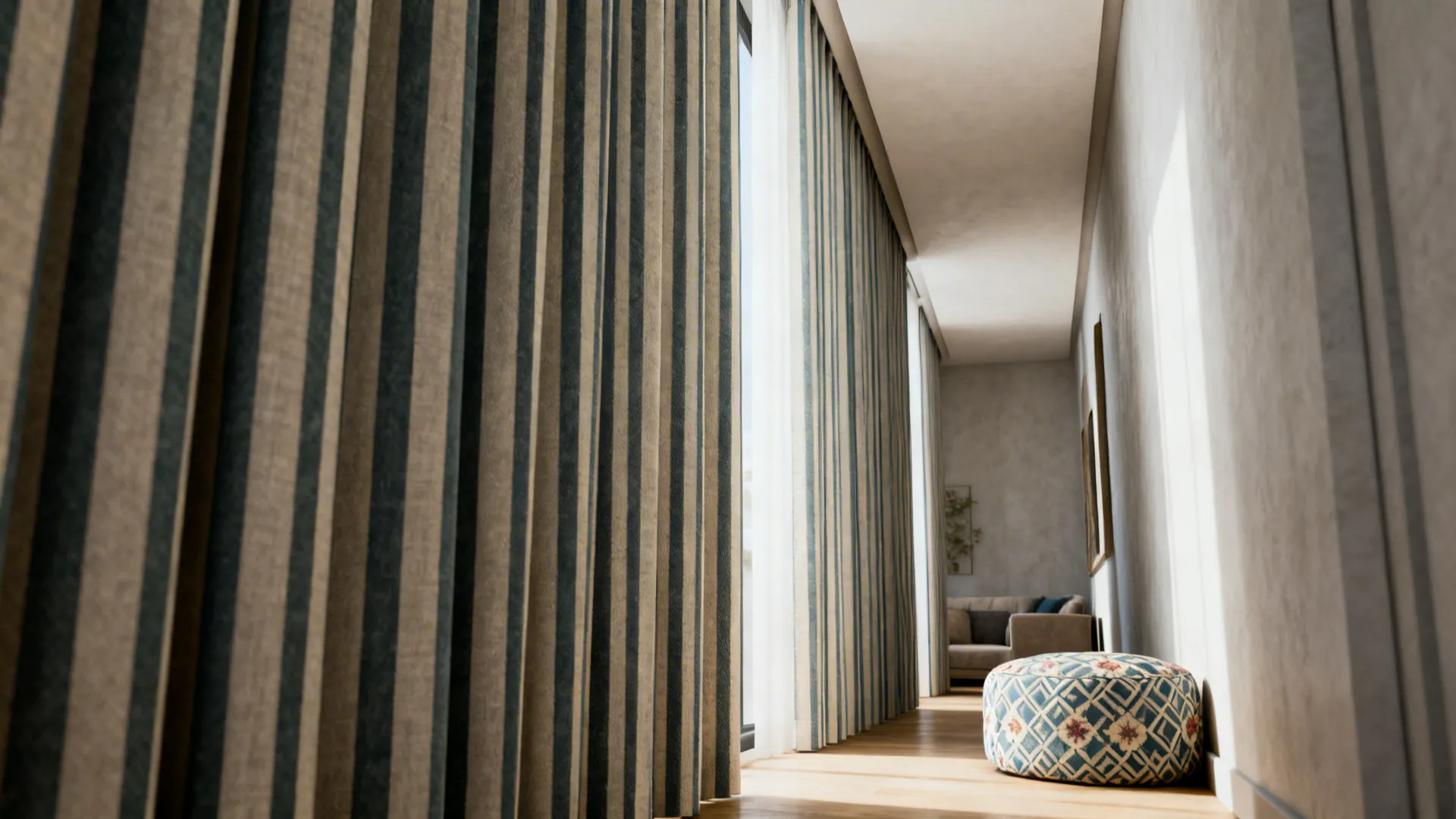Striped curtains in a narrow living room with visible fabric pattern and texture.