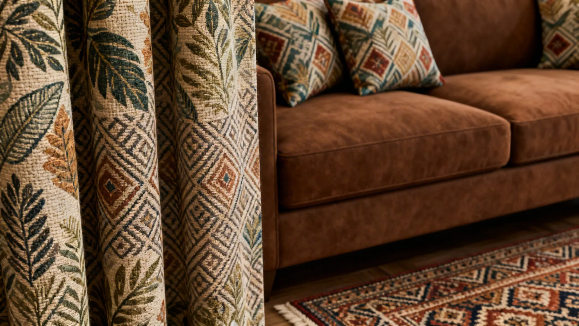 Close-up of patterned botanical and geometric curtains beside a brown sofa, highlighting fabric texture and scale.