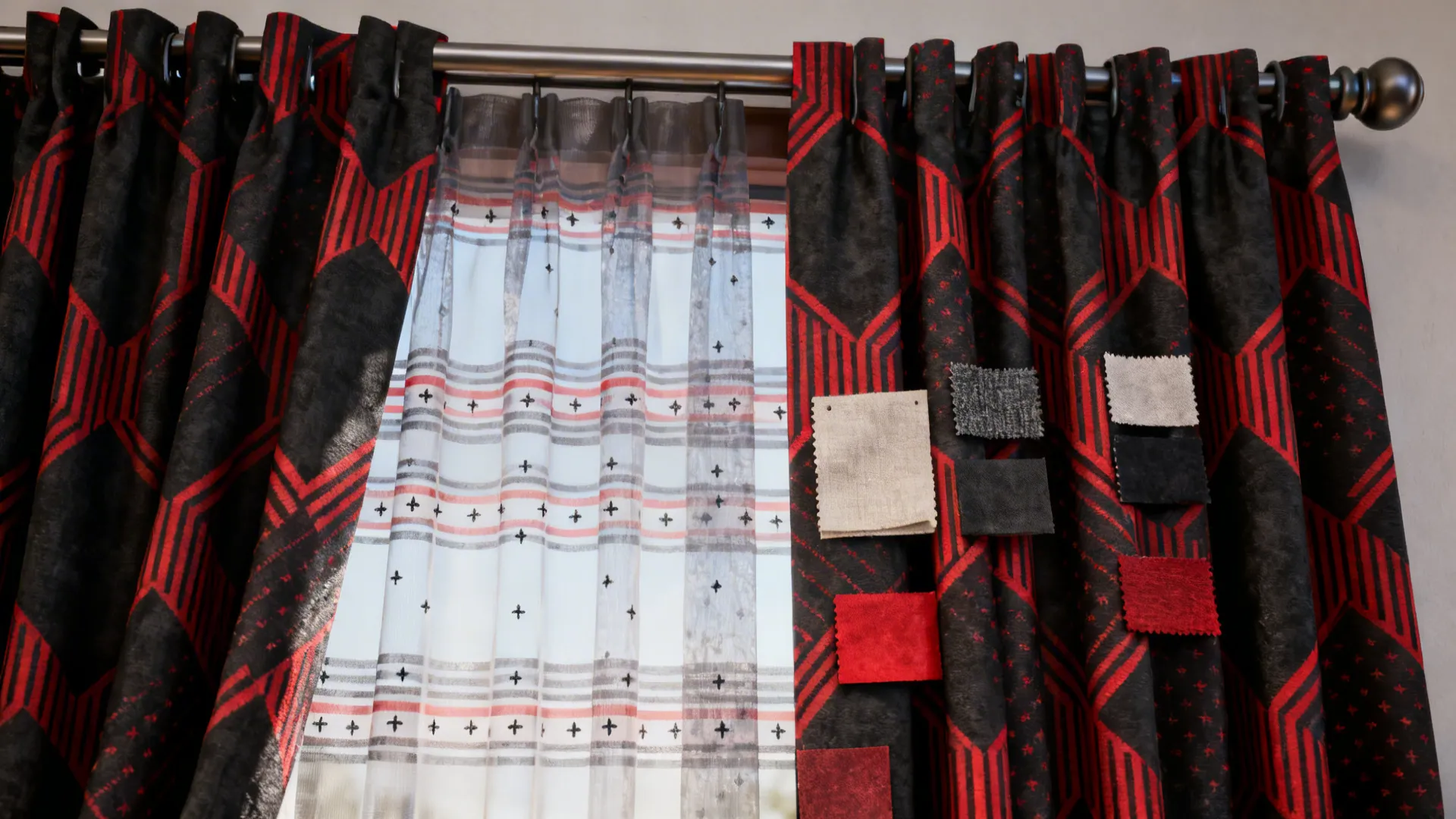 Fabric swatches and patterned black-red curtain samples laid out to show scale and motif