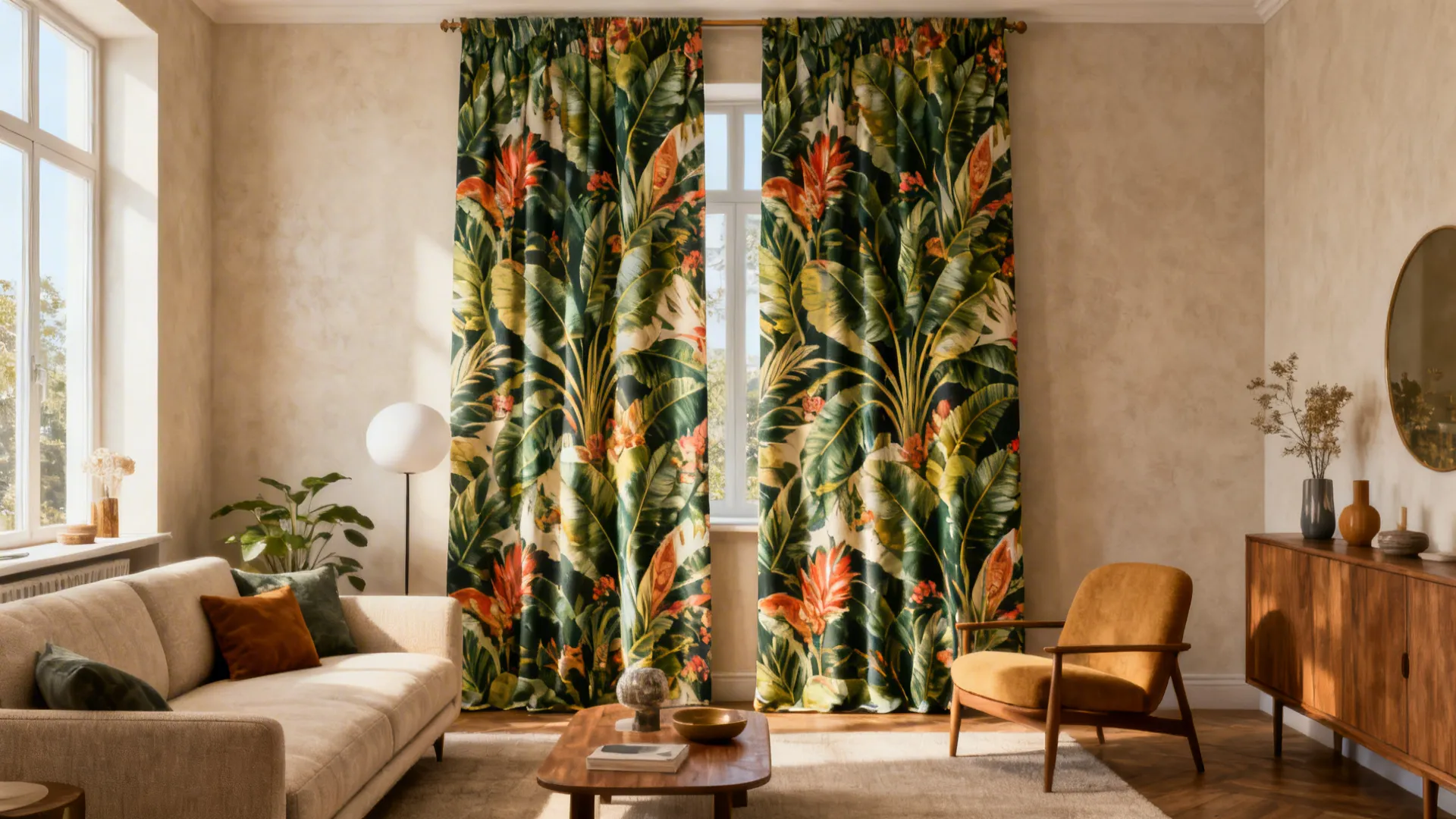 Living room with a large-scale botanical patterned curtain as a bold focal point against neutral furnishings