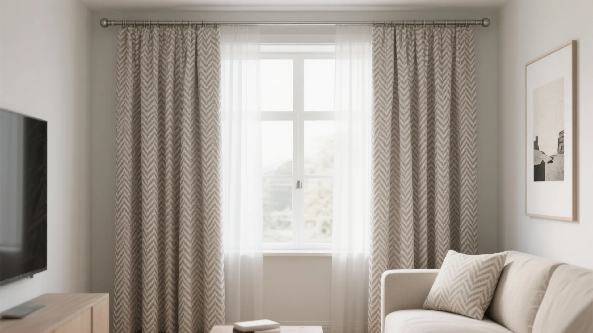 Compact living room with muted micro-herringbone patterned curtains as a subtle focal point.