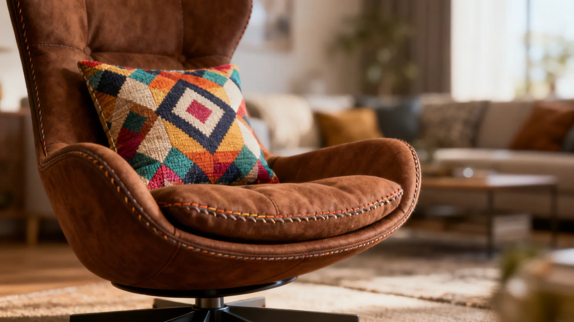 Brown swivel chair with a bright geometric cushion, focusing on textile detail