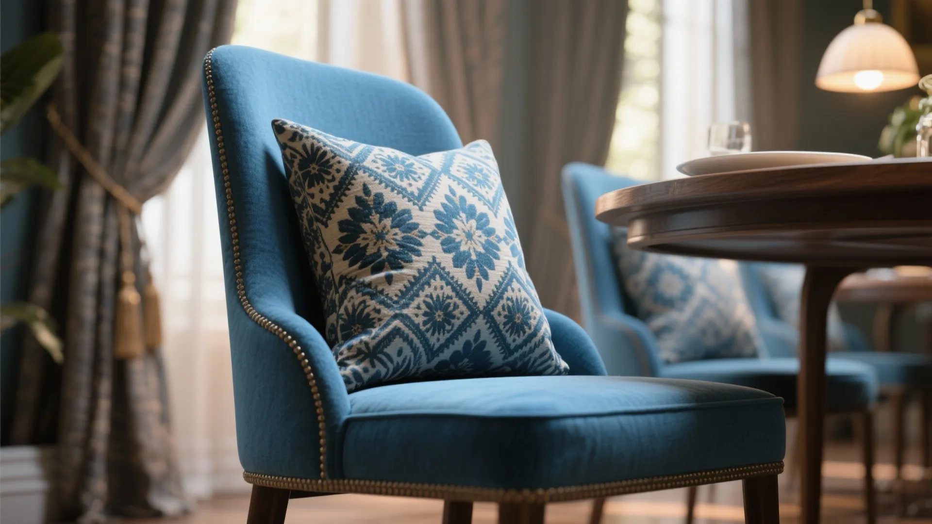 4. Add patterned cushions to soften solid blue