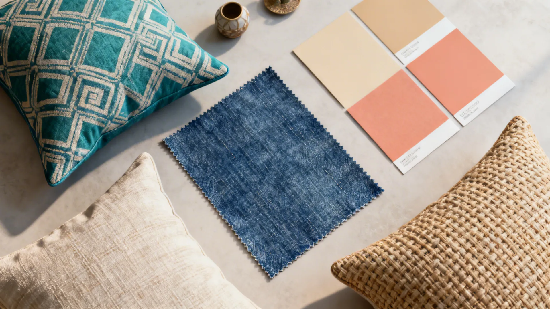 Top-down flatlay of patterned cushions and fabric swatches that bridge blue and warm tones