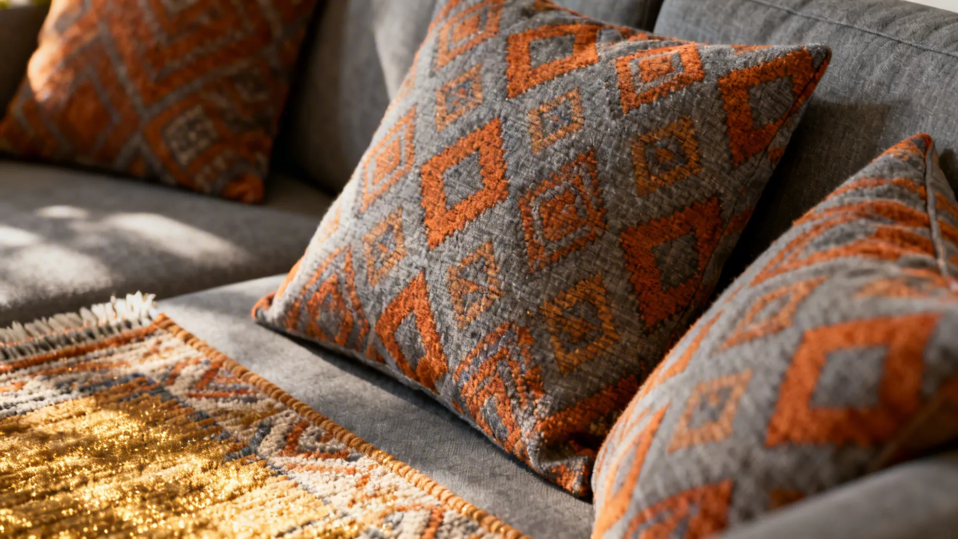 Medium-scale geometric cushions and rug marrying warm grey and burnt orange patterns.