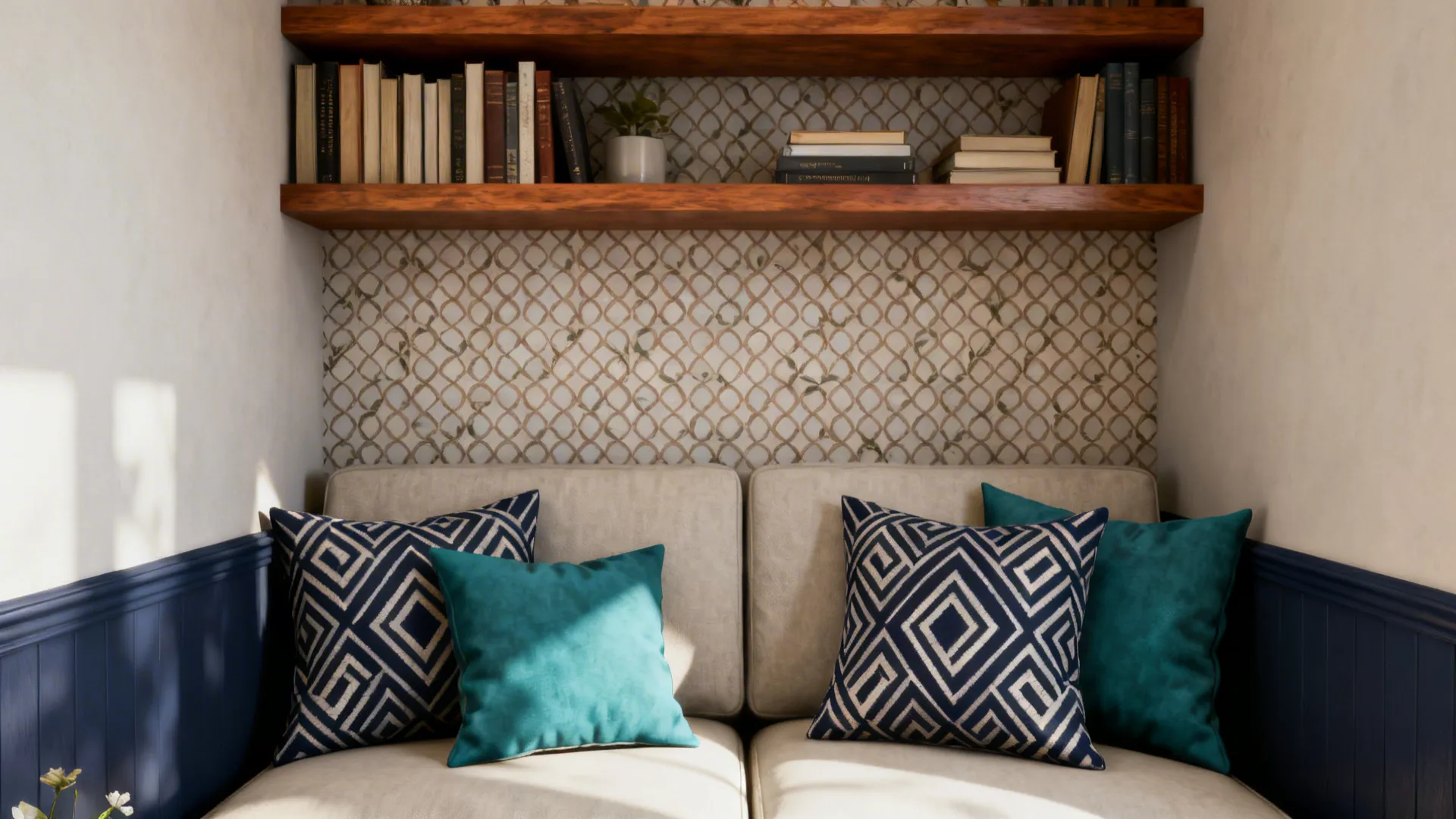 Living room with small-scale trellis wallpaper and geometric navy-teal cushions