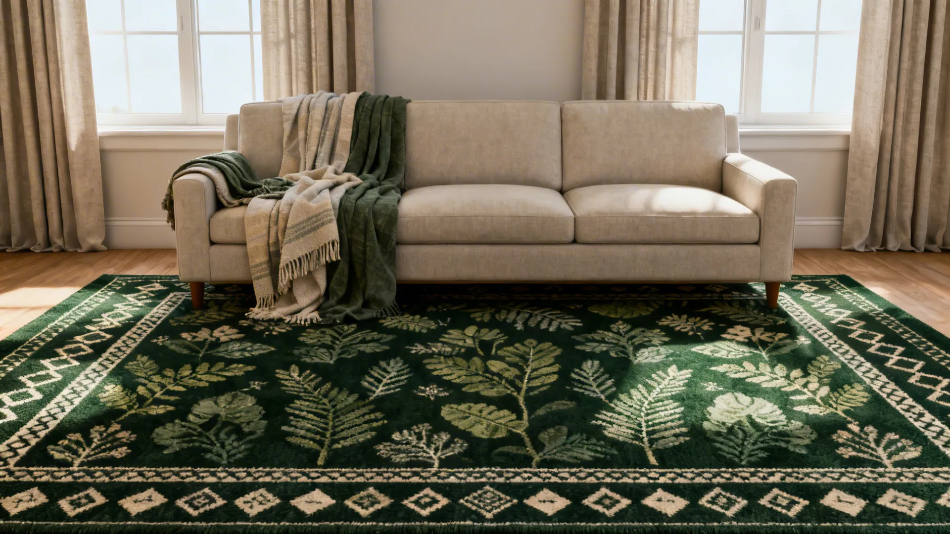 Living room with a patterned dark green rug adding visual depth beneath a neutral sofa.
