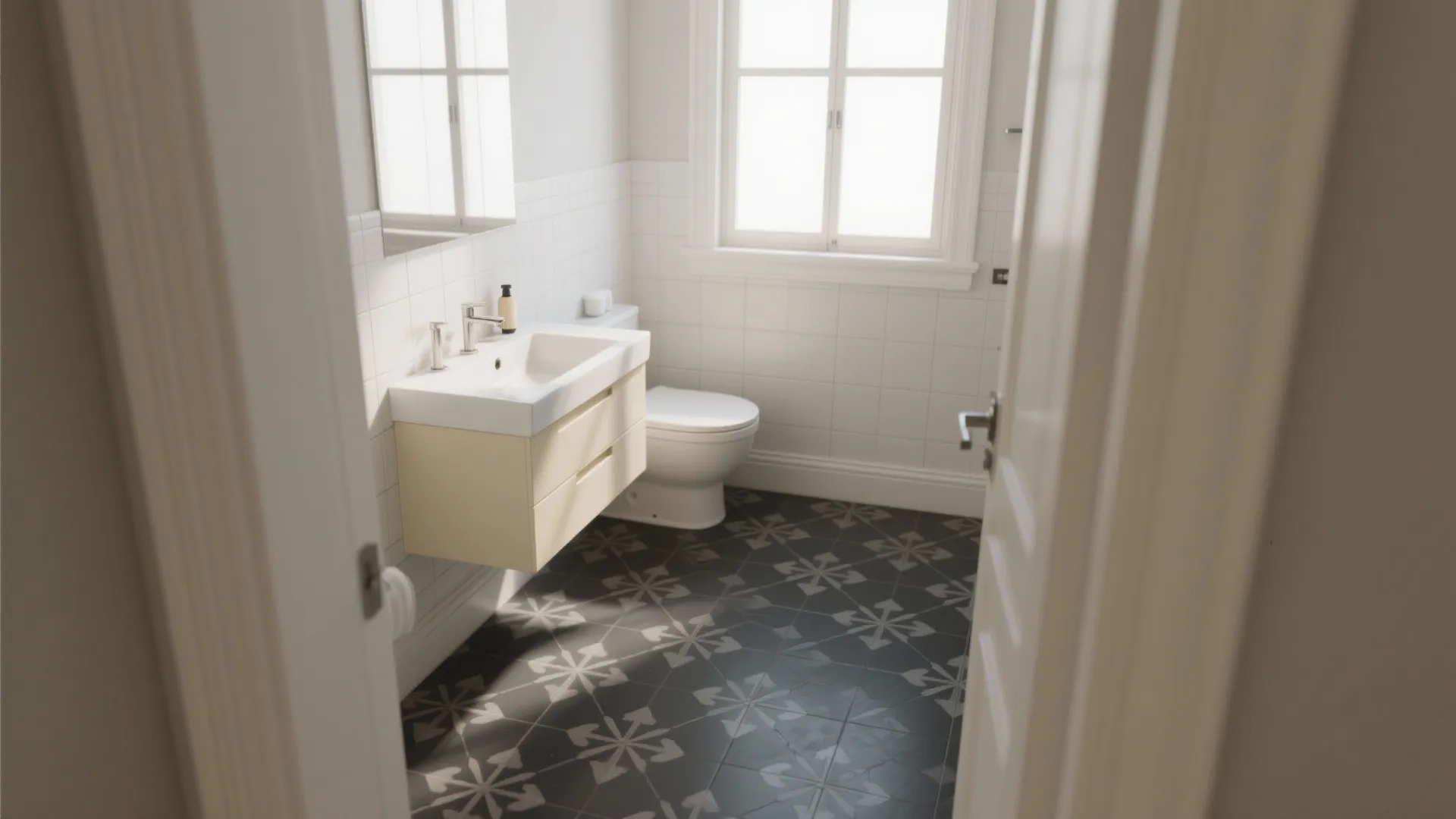 Bright bathroom interior design featuring white wall tiles patterned floor tiles wooden cabinet and white toilet