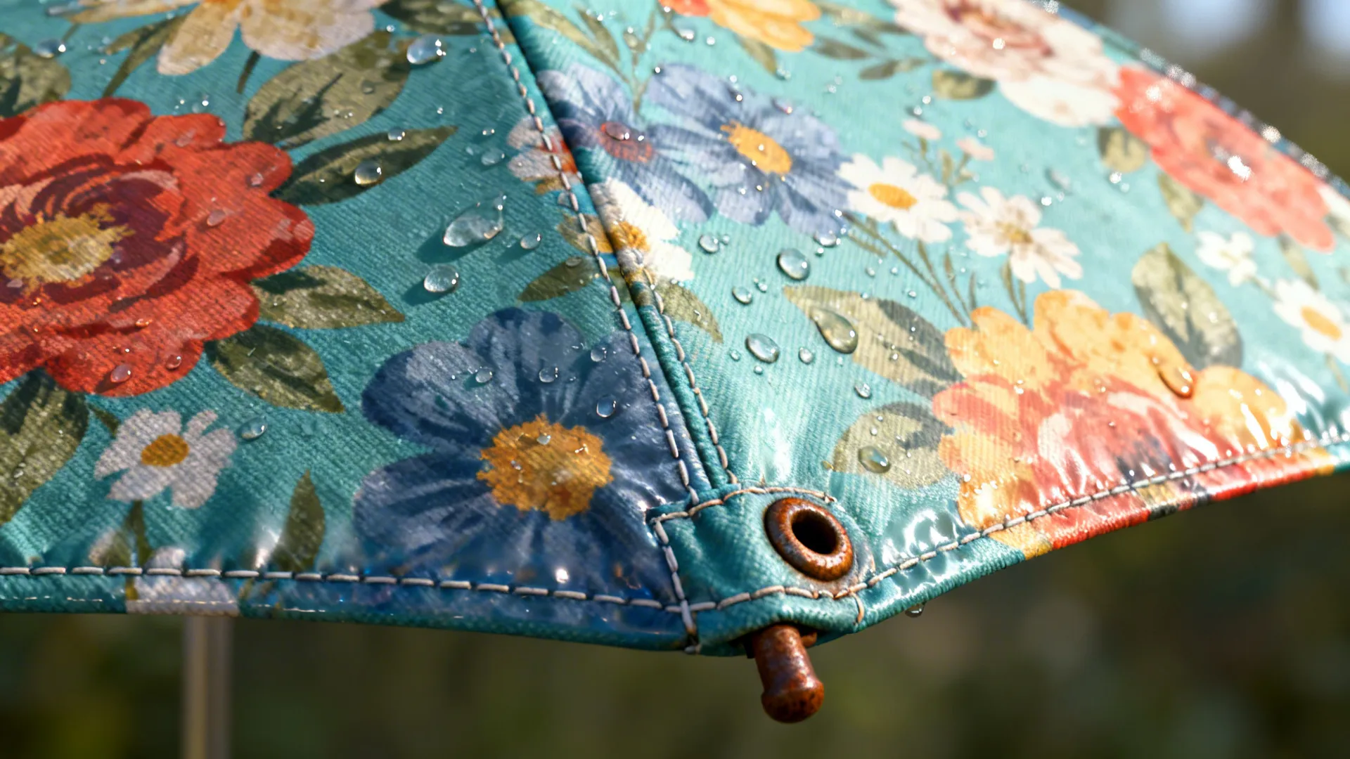 Close-up of a patterned floral shower curtain showing texture and water-resistant finish.