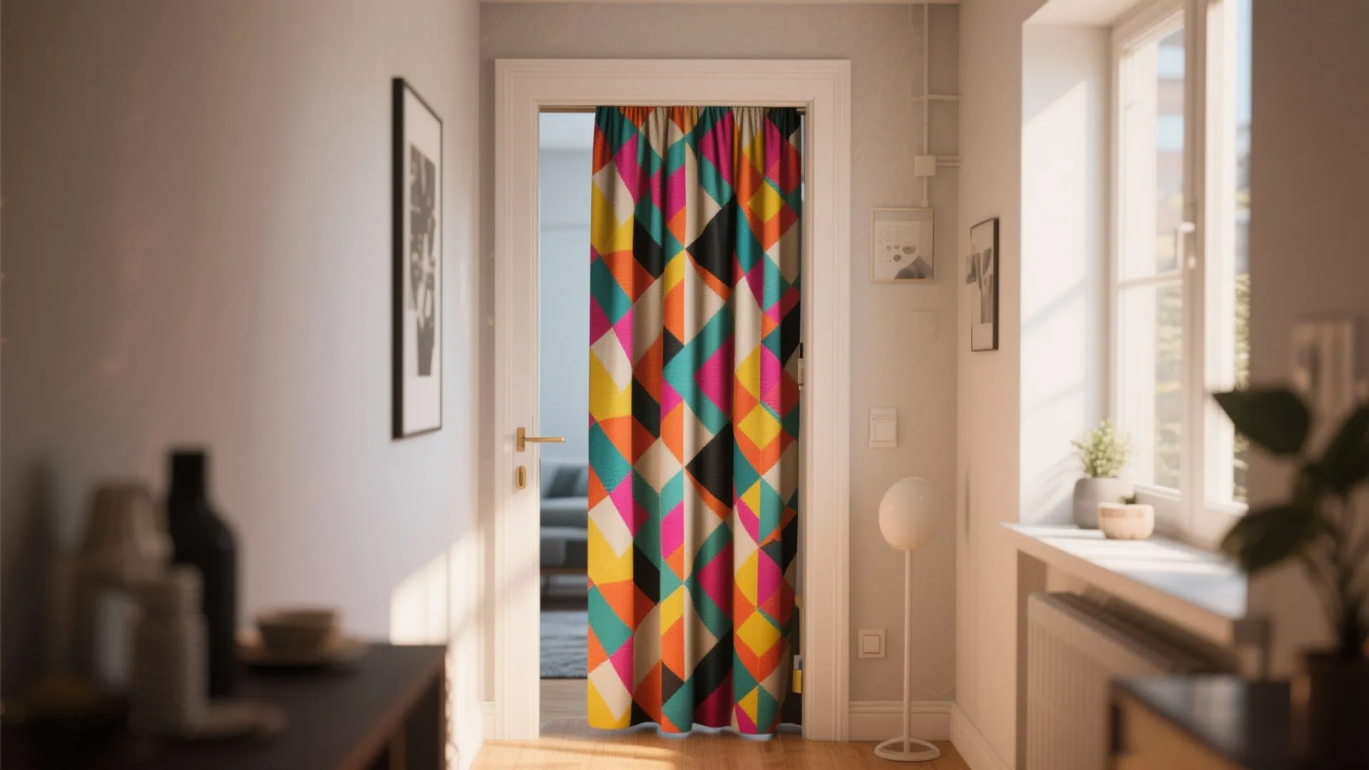 Bold geometric patterned curtain hanging in a doorway with warm daylight