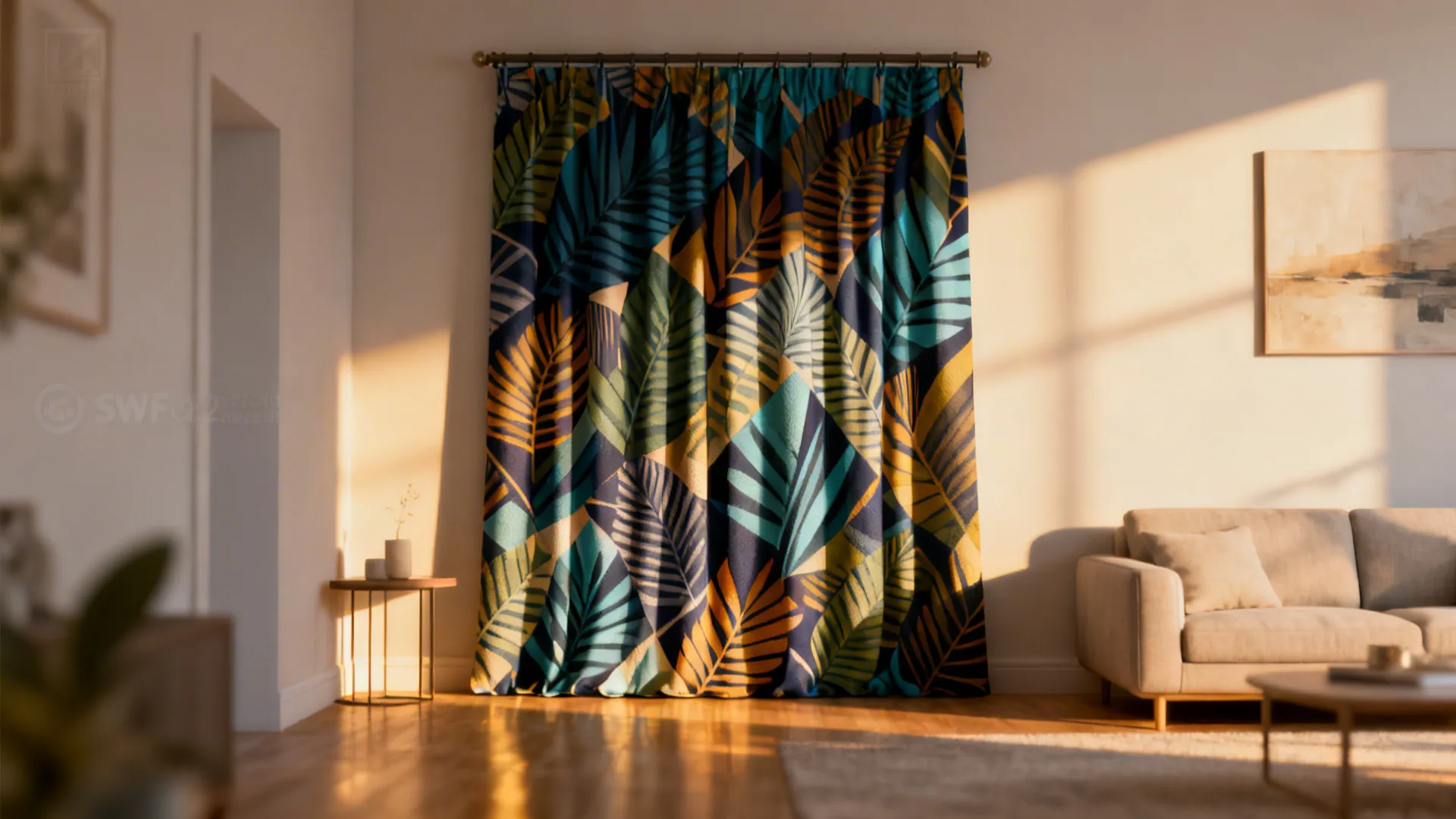 Living room with colorful leaf pattern curtain and beige sofa under warm afternoon sunlight through window