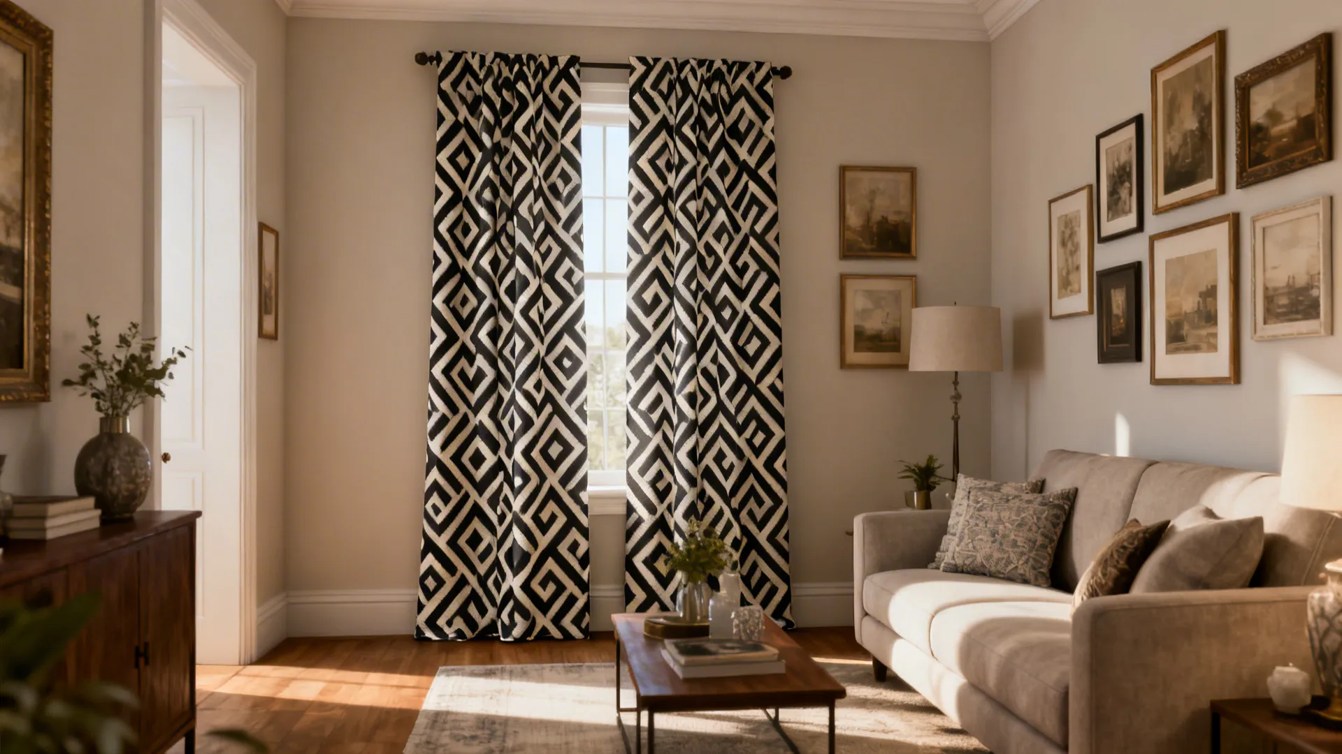 Living room with a bold geometric patterned drape as the focal point