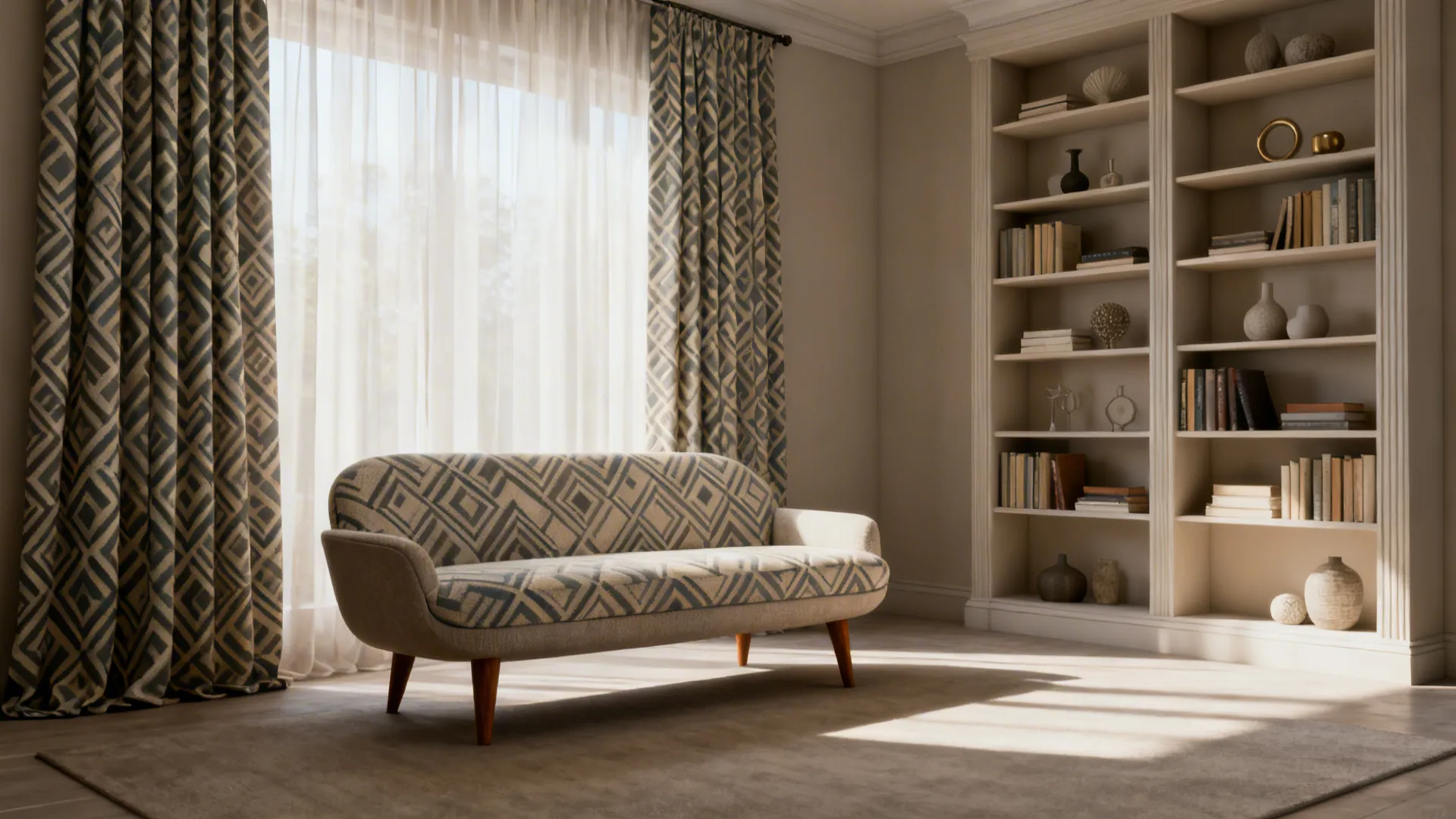 Living room with patterned outer drapes and neutral inner sheers, pattern serves as focal accent.