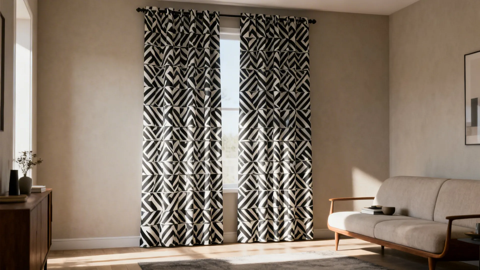 Living room featuring patterned blackout drapes that add personality and block light.