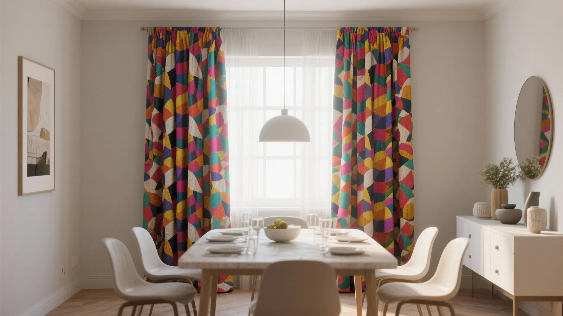 Modern dining room featuring colorful geometric pattern curtains with white chairs and wooden dining table set