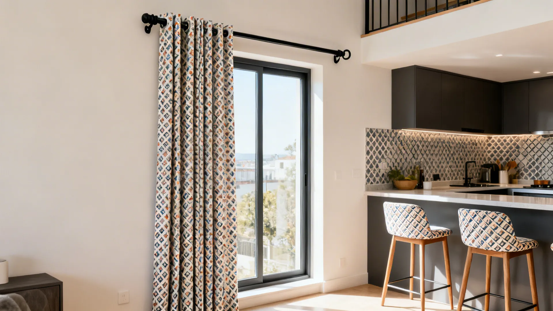 Small loft kitchen with small-scale geometric patterned drapes and slim hardware.