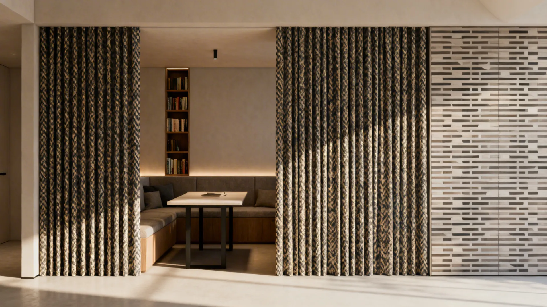 Small living room using patterned drapes to separate a reading nook from the main seating area.