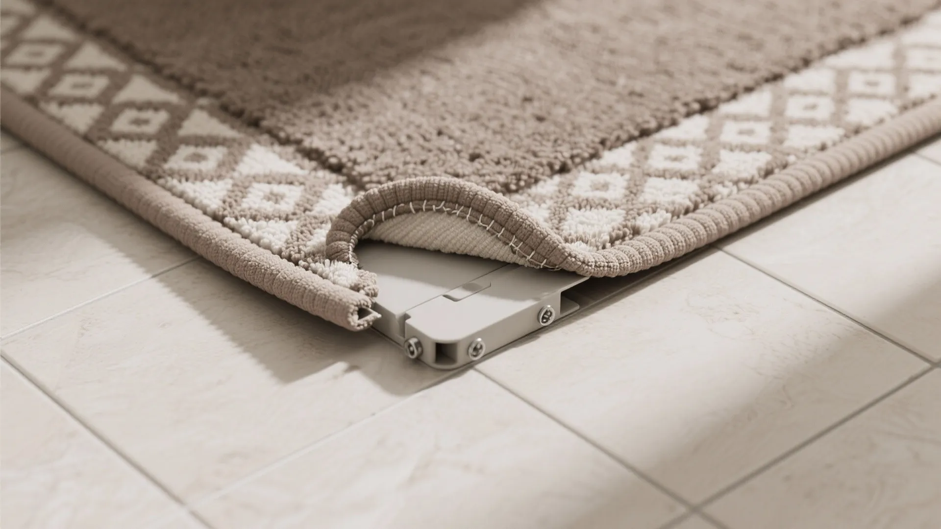 Close up view of a brown patterned carpet with metal edge trim on tile floor