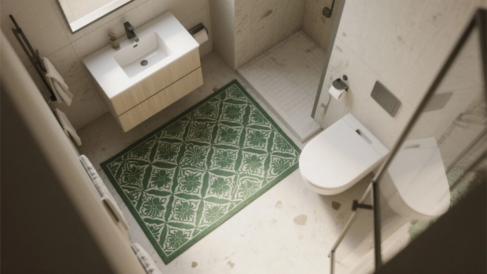 Top view of modern bathroom with green floral rug wooden sink toilet and shower area