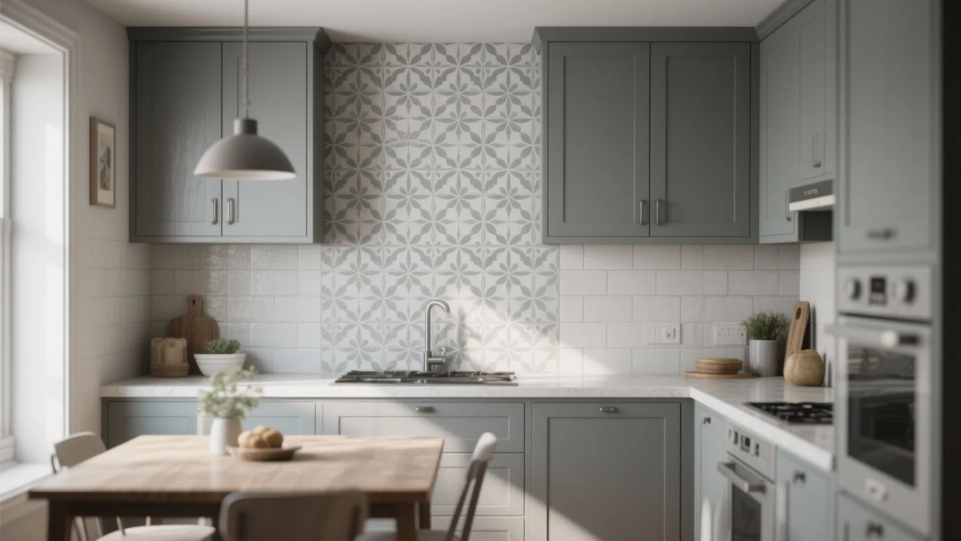 Subtle patterned gray encaustic tile as a focal backsplash in a small eat-in kitchen.