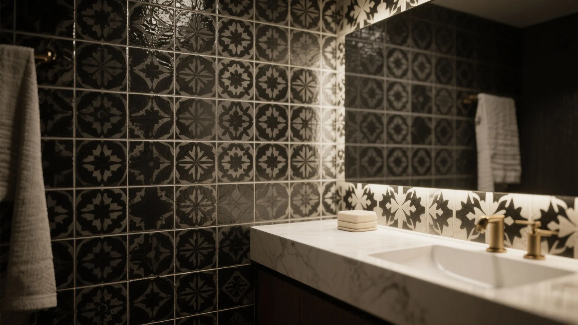 3. Black patterned encaustic-look tiles as a focal point