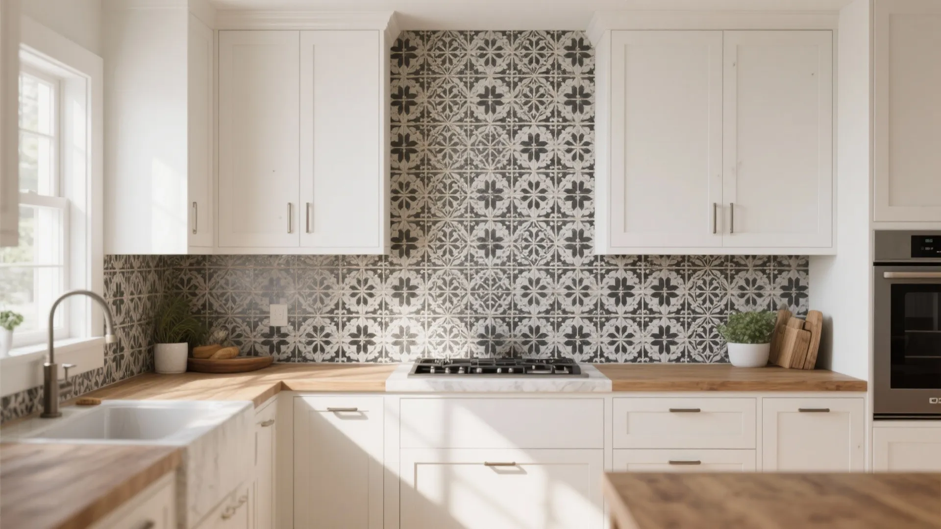 Bright kitchen with white cabinets wooden countertops and patterned wall tiles behind the stove and sink