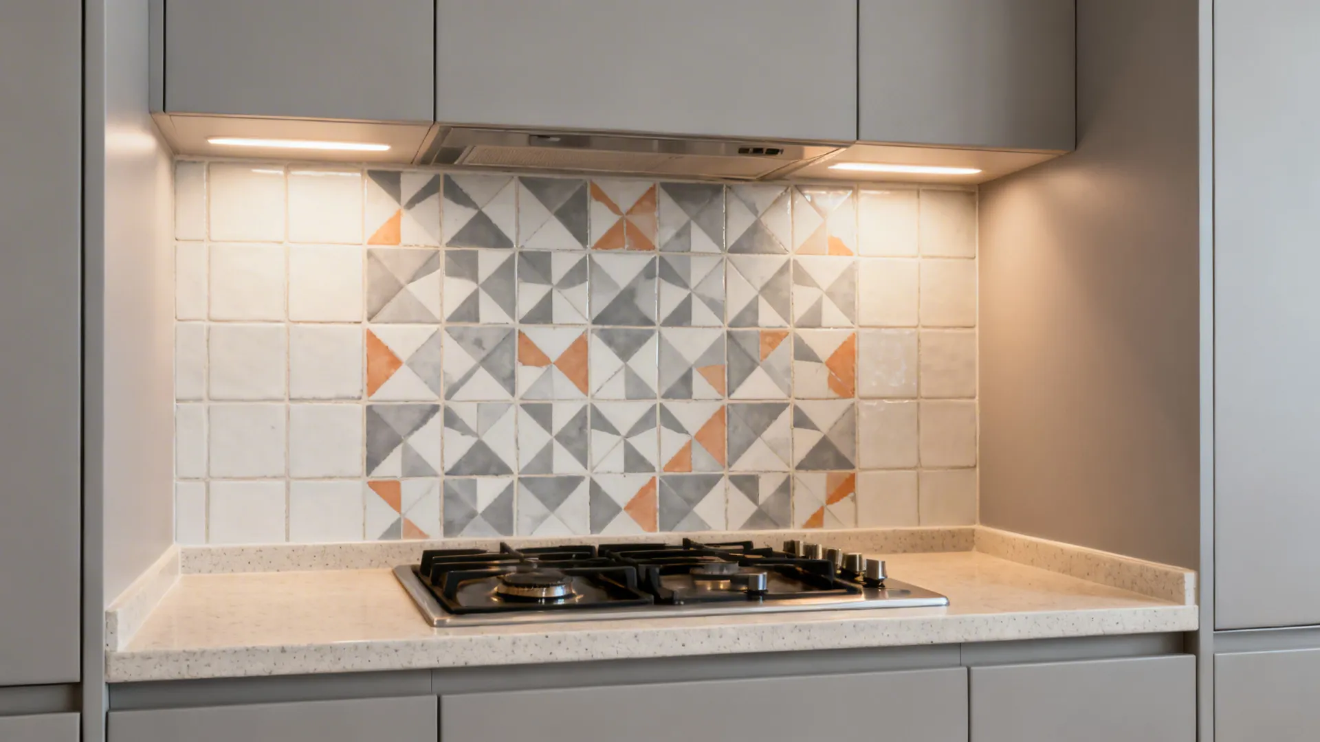 Geometric mid-contrast encaustic-look tile behind a compact range with plain field tiles around.