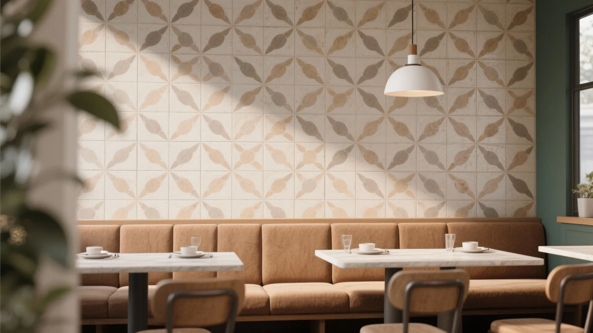 Restaurant interior with patterned wall tiles and white ceiling light above marble tables and seating