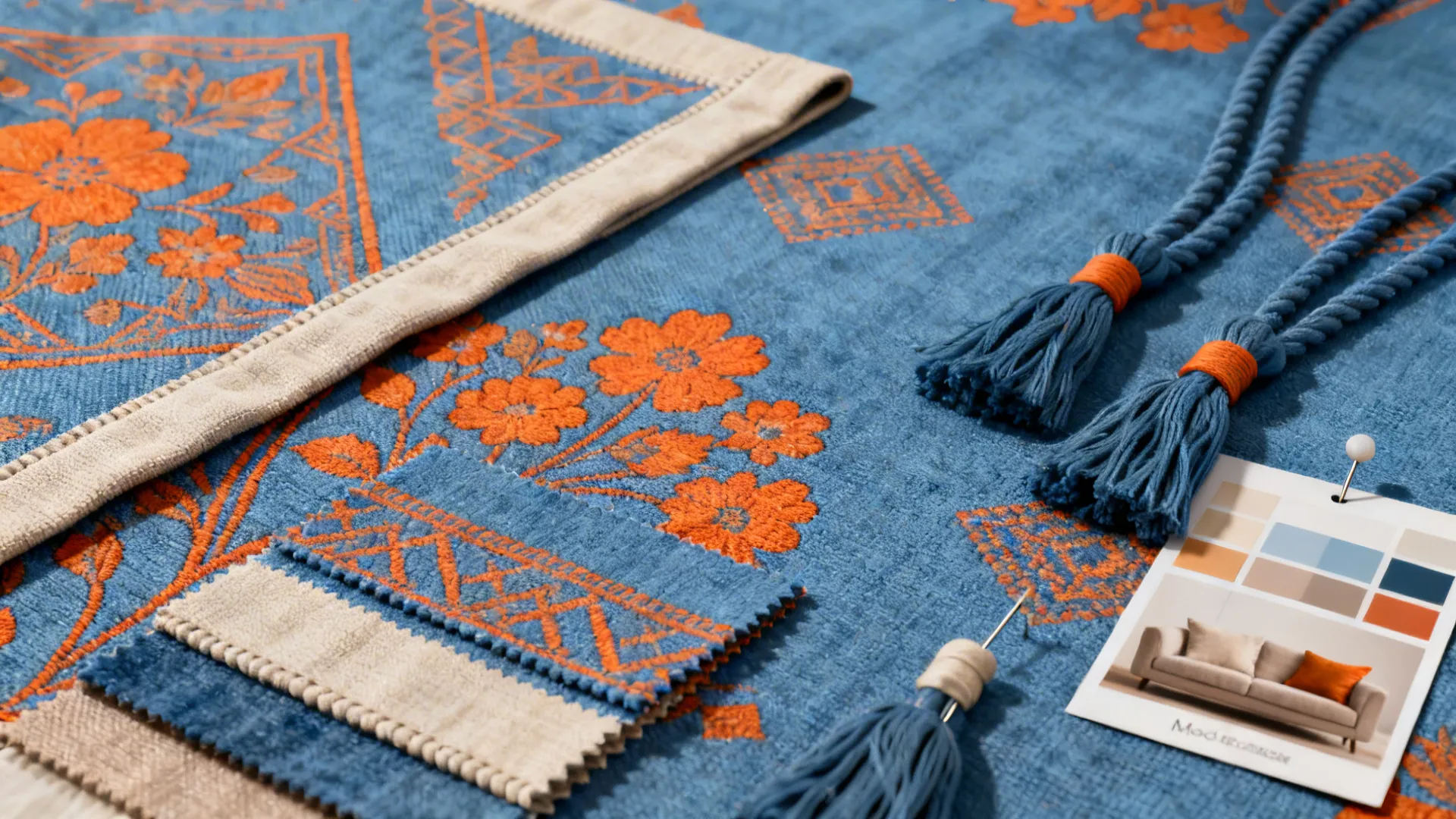 Blue rug with orange floral patterns and tassels beside card showing a modern grey sofa design
