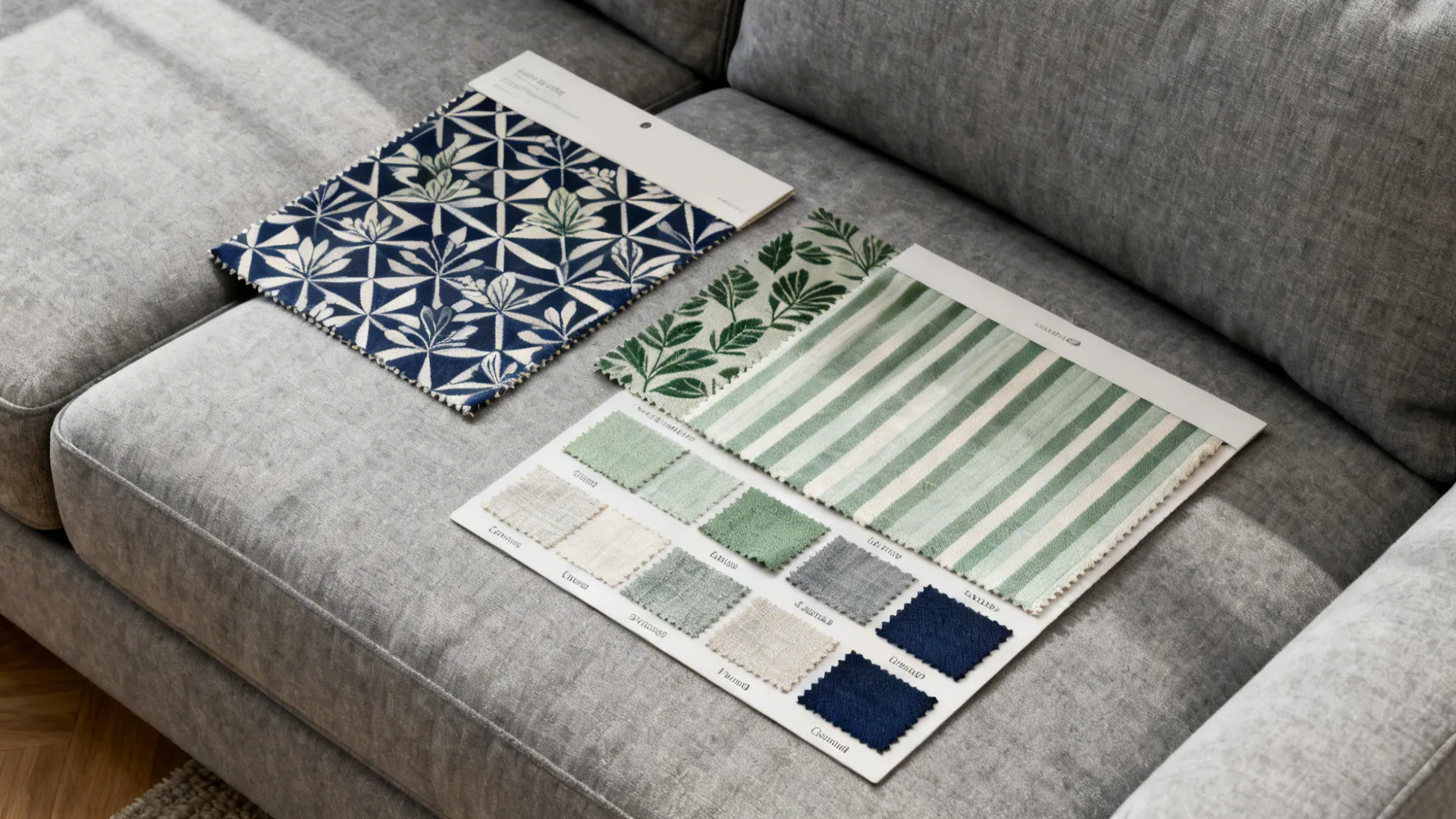 Flatlay of patterned curtain fabric swatches for pairing with a grey couch