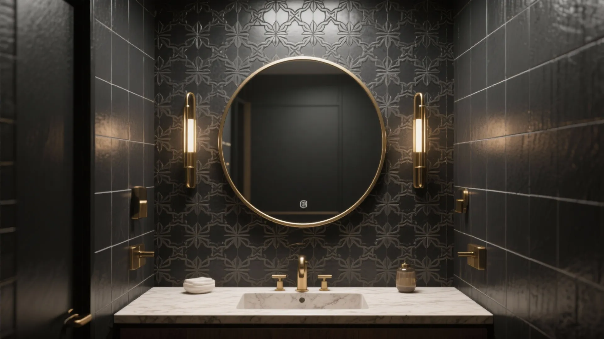 Patterned dark feature wall to focus attention
