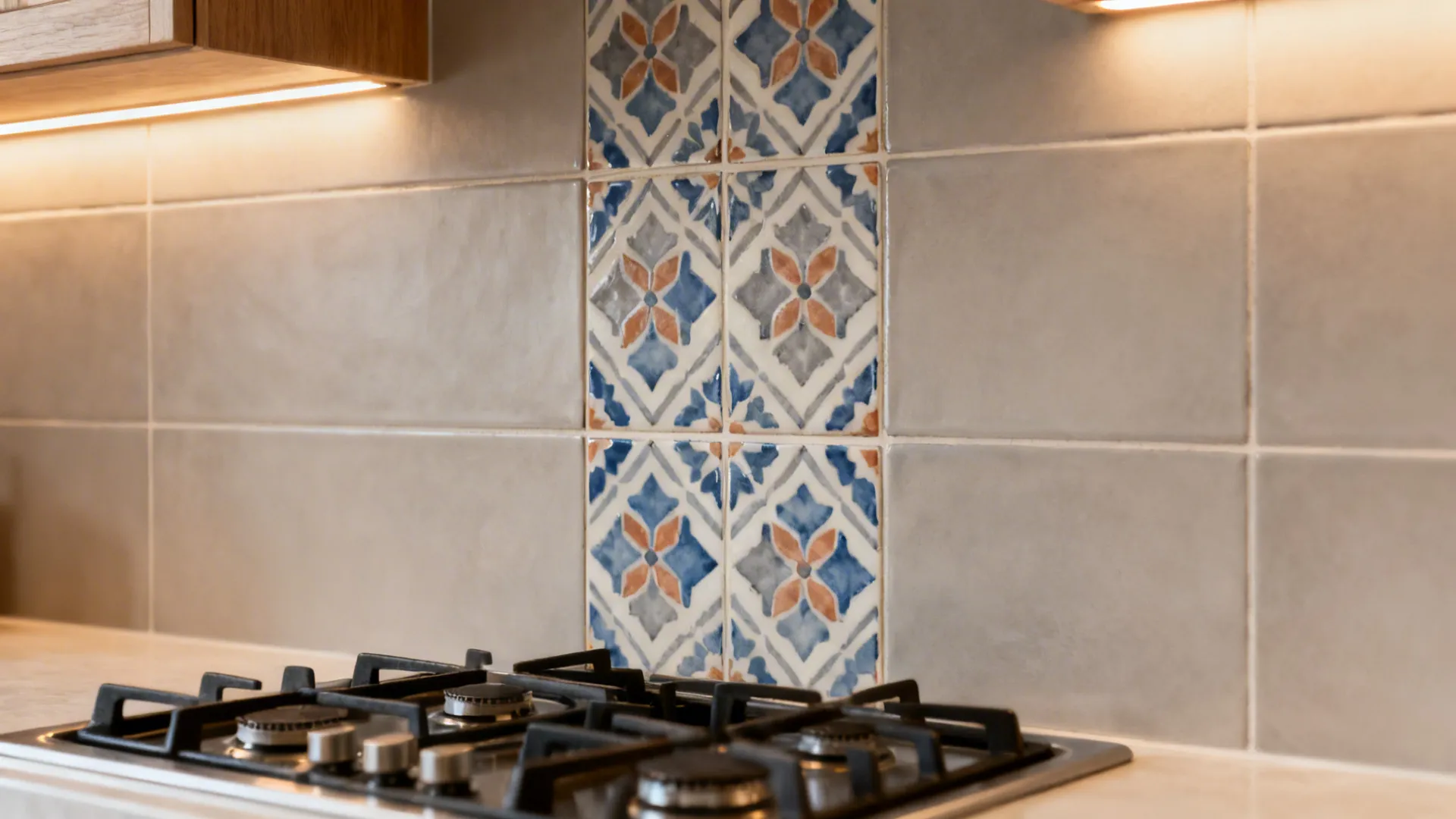 Kitchen wall with grey tiles and patterned blue decorative strip above a modern gas stove