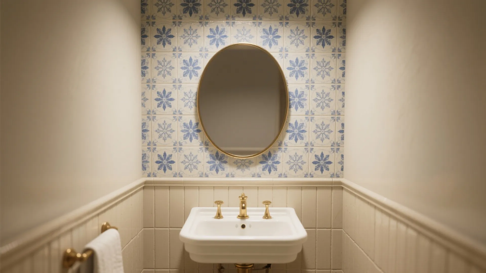 Small bathroom with blue floral patterned tiles round mirror white sink and gold water tap