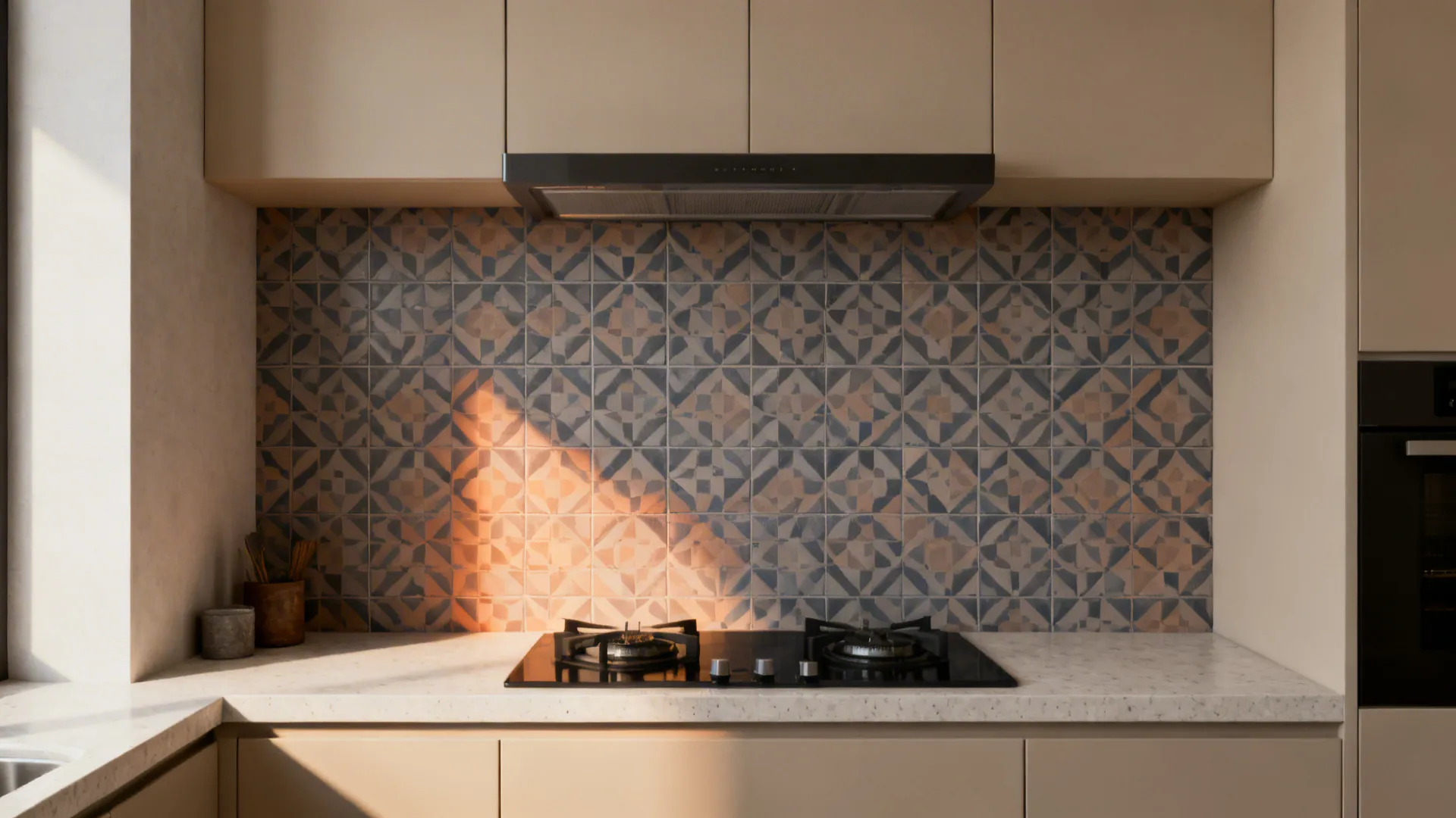 Geometric patterned tile feature wall behind a cooktop in a compact kitchen.
