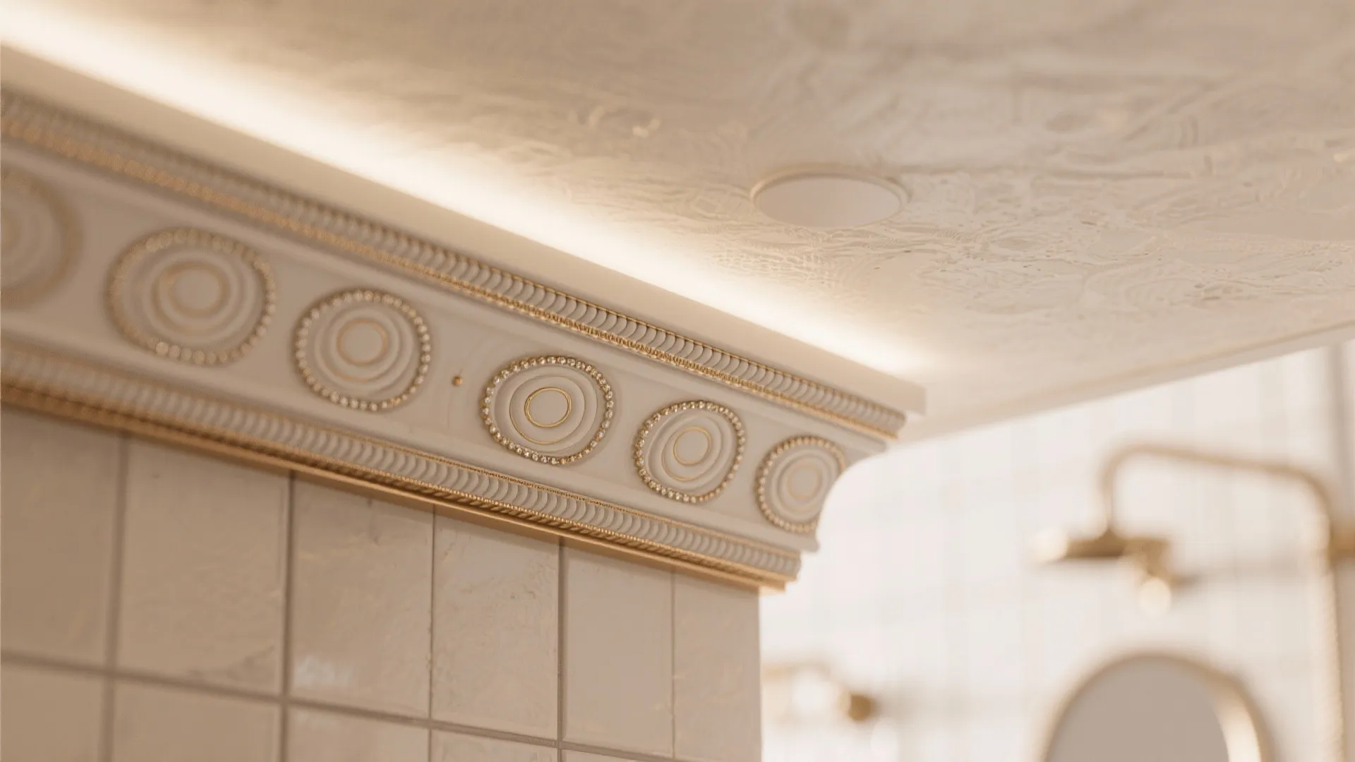 Decorative wall panel with gold circular patterns and hidden light strip above white bathroom tiles