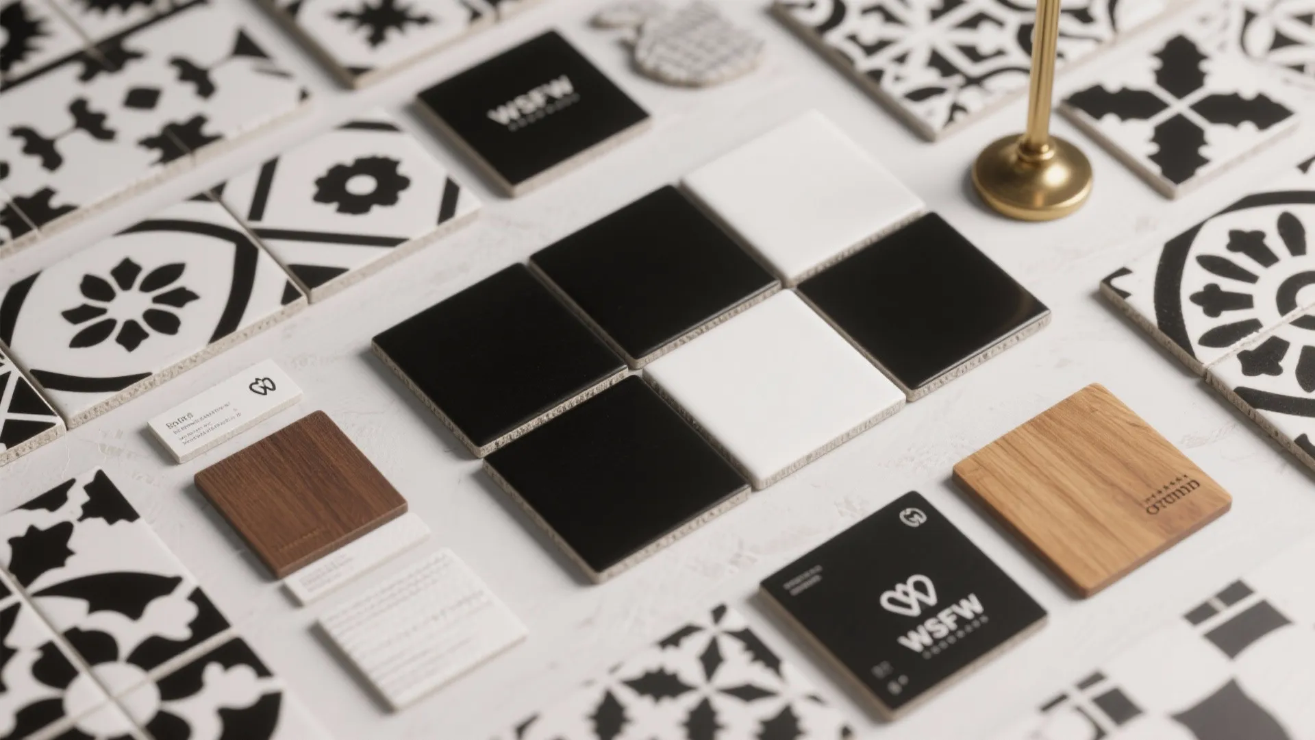Selection of black and white patterned floor tiles along with wood and solid color samples