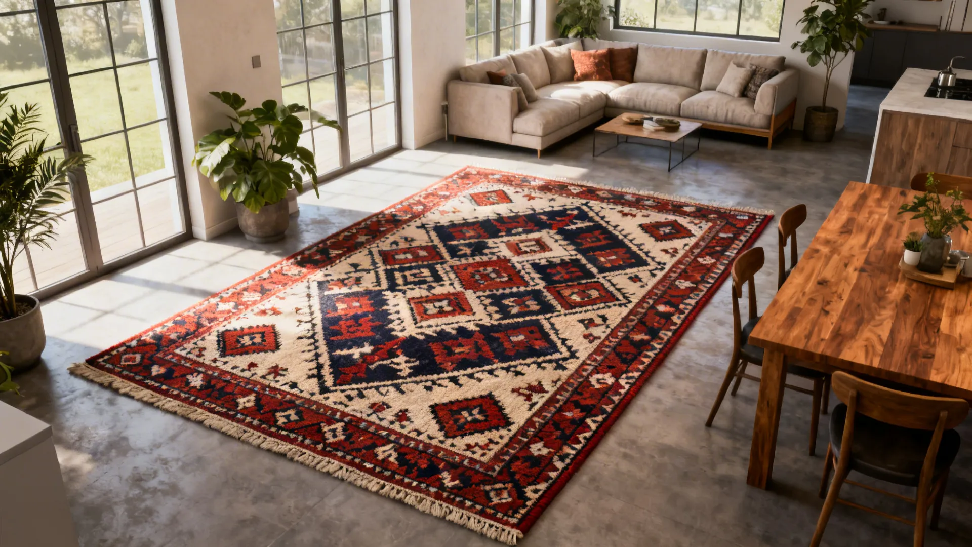 Open-plan living and dining area defined by a bold patterned flatweave wool rug