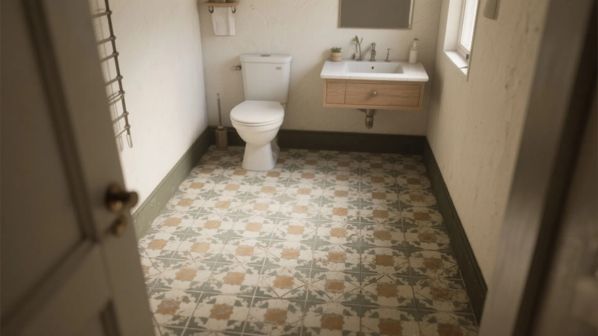 Small bathroom featuring vintage patterned floor tiles white walls wooden sink cabinet toilet and window light