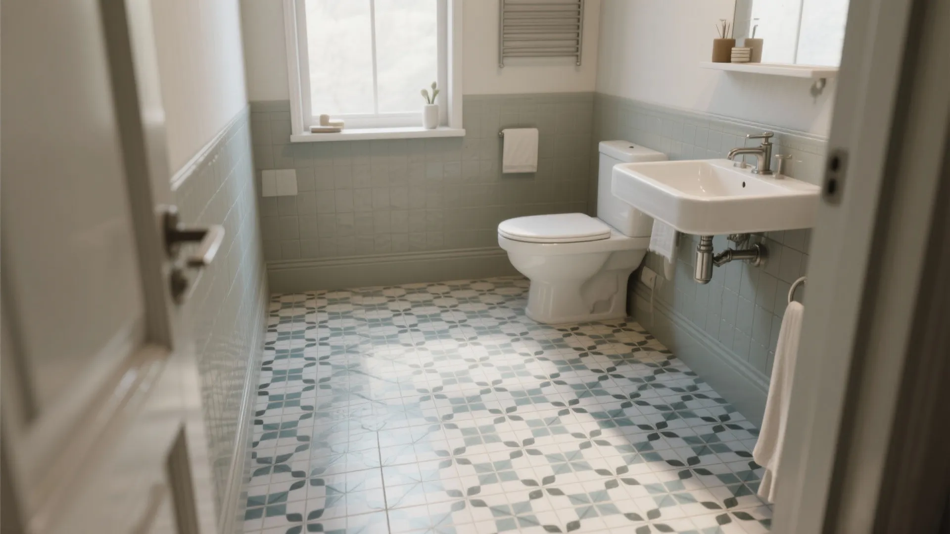 4. Patterned floor, neutral walls