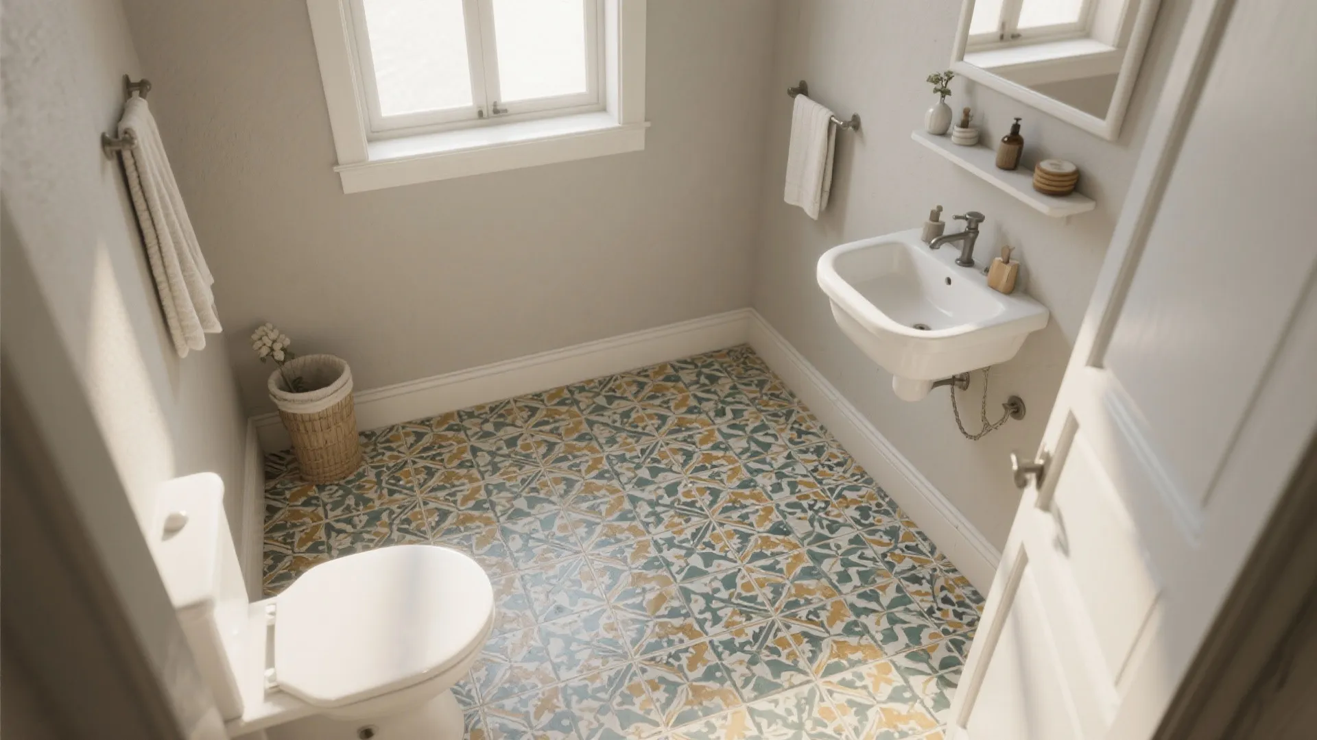 Small bathroom design featuring patterned floor tiles with a white toilet and wall hung sink
