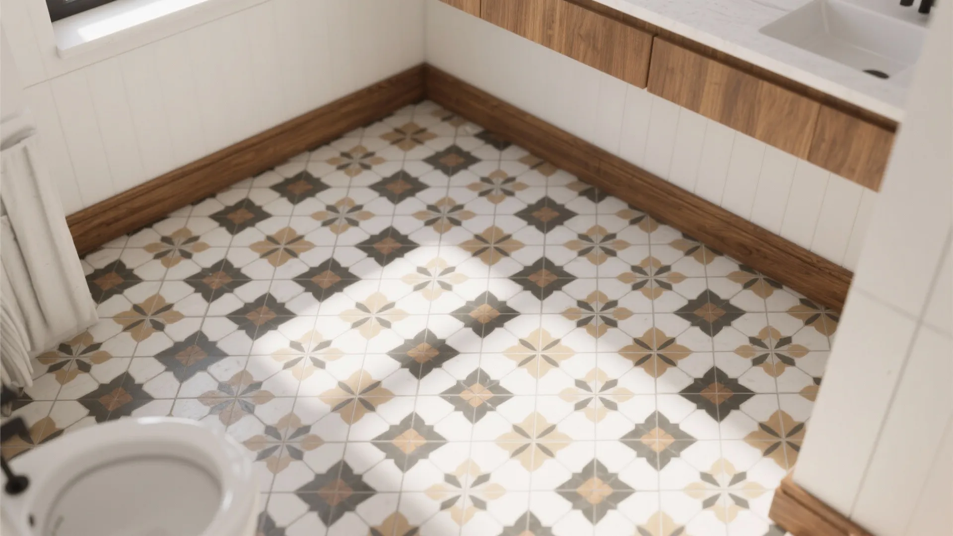 Bathroom floor with patterned tiles wood baseboard white walls and sunlight from a nearby window
