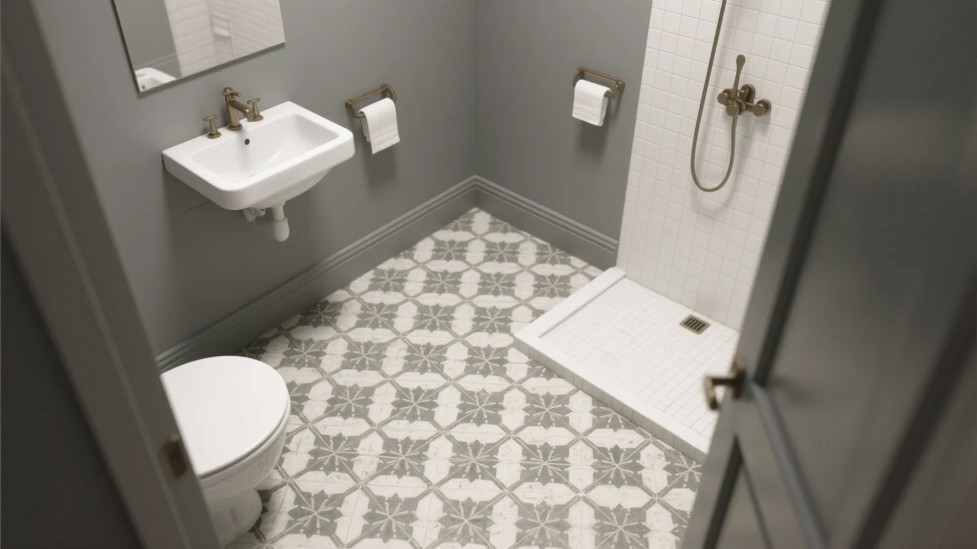 Modern bathroom with grey walls patterned floor tiles white sink toilet and a walk-in shower