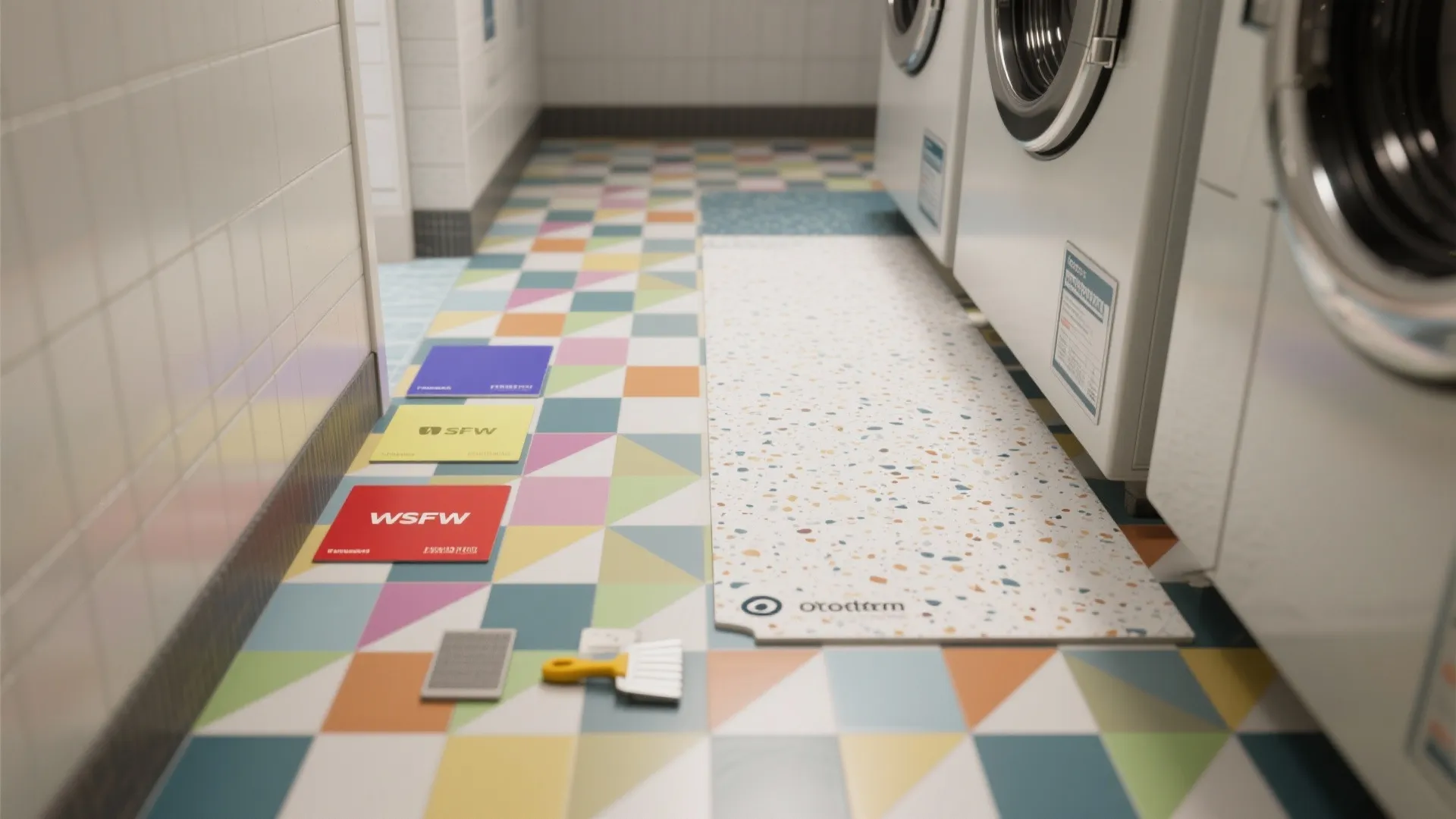 Laundry room with colorful triangle floor tiles and white washing machines beside a patterned mat